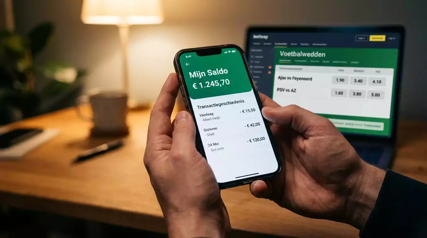 Jeton e-wallet app op een smartphone naast een laptop met sportweddenschappen